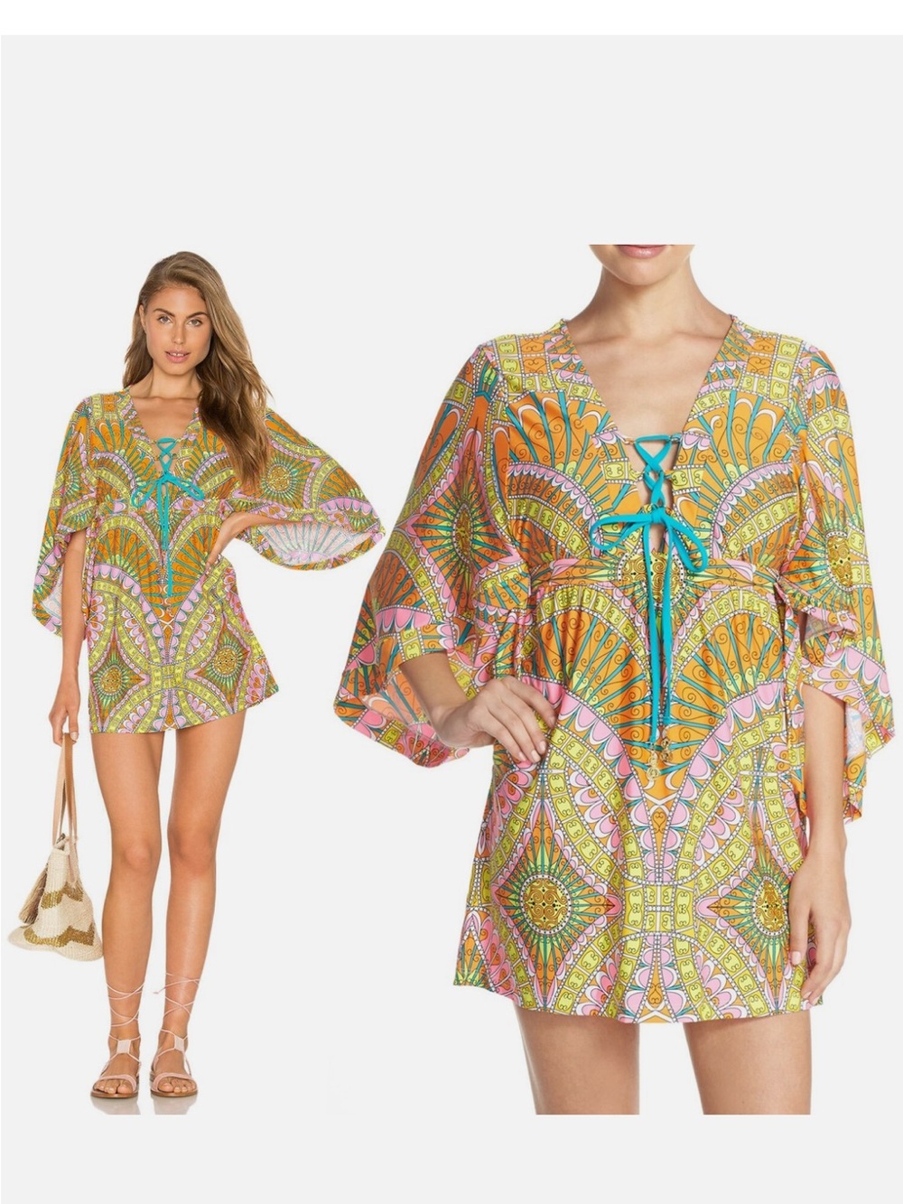 Trina Turk Multicolor Lace-Up V-Neck Printed Swim Coverup